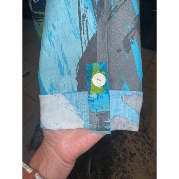 Ali Miles Womens Abstract Print Linen Top Button Back Sleeve Sustainable Artsy S - Picture 9 of 11